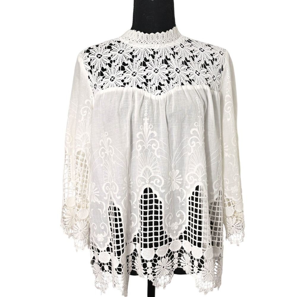 Endless Rose Womens Crochet Lace Eyelet Tunic Top Medium Boho Coastal Romantic